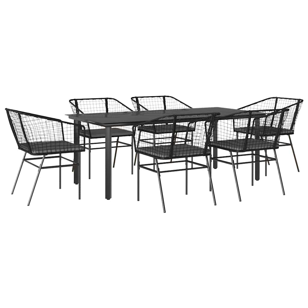 7-tlg. Garten-Essgruppe mit Kissen Schwarz Poly Rattan Glas
