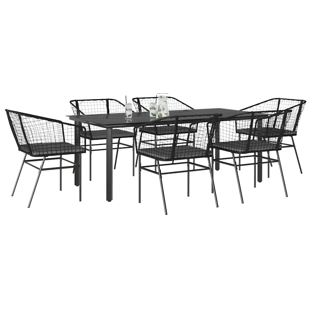 7-tlg. Garten-Essgruppe mit Kissen Schwarz Poly Rattan Glas