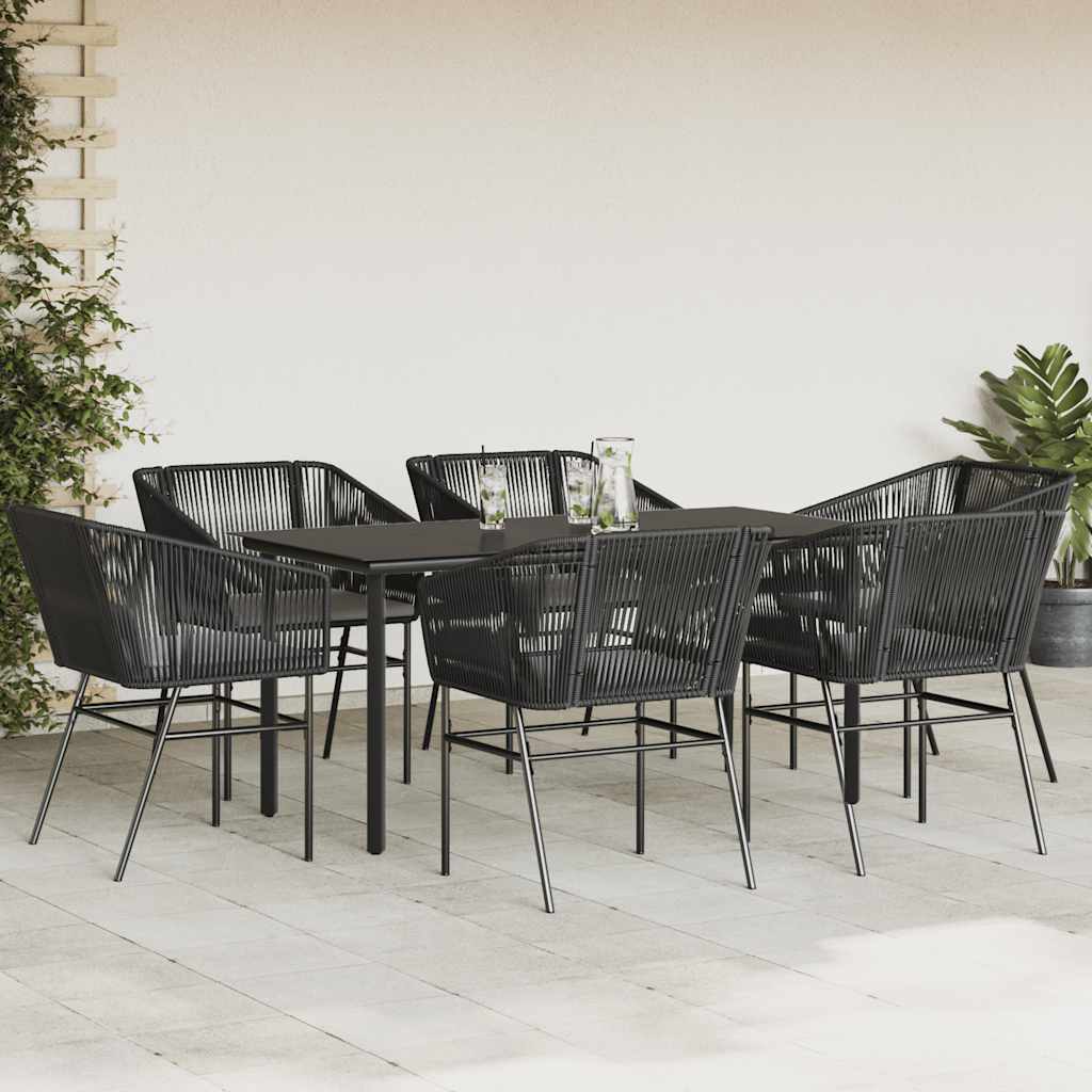 7-tlg. Garten-Essgruppe mit Kissen Schwarz Poly Rattan Glas
