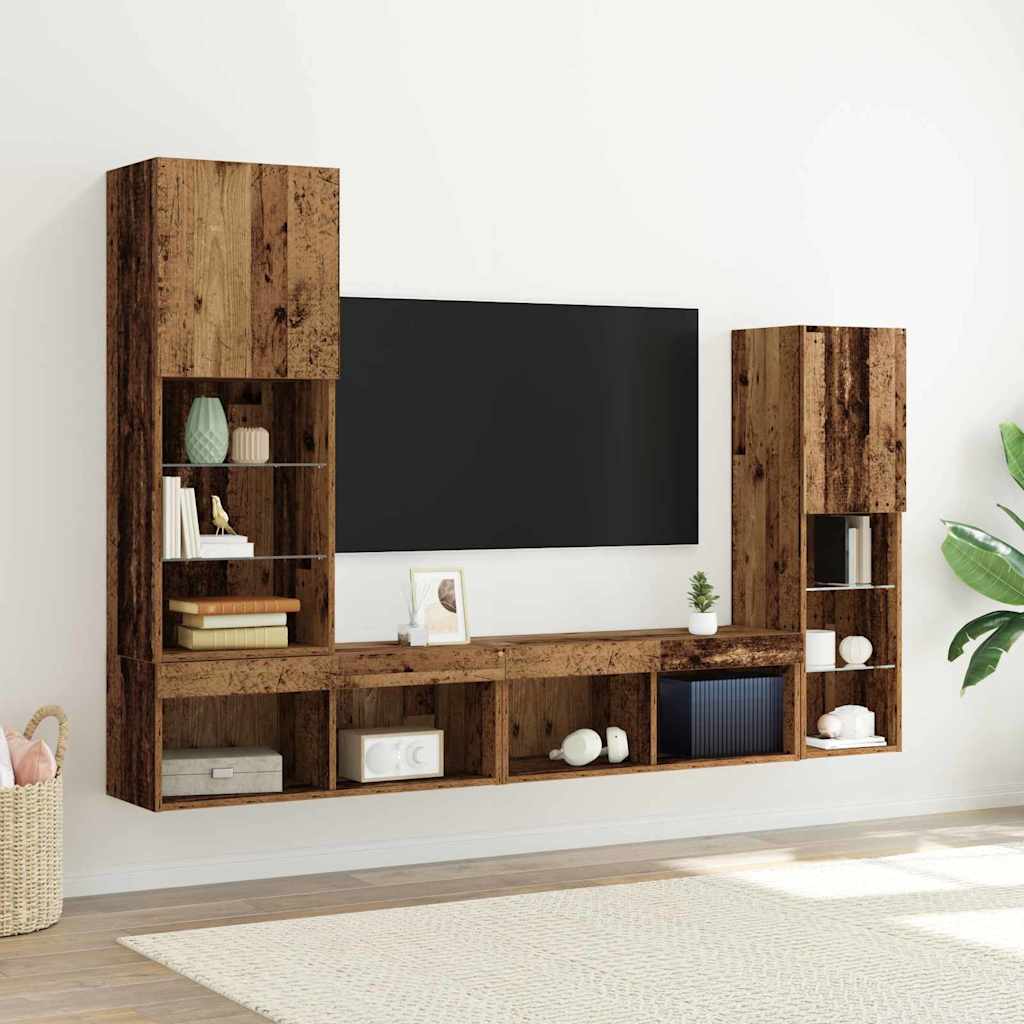 vidaXL TV-Schränk mit LED-Lichtleisten 4 pcs Altholz Holzwerkstoff