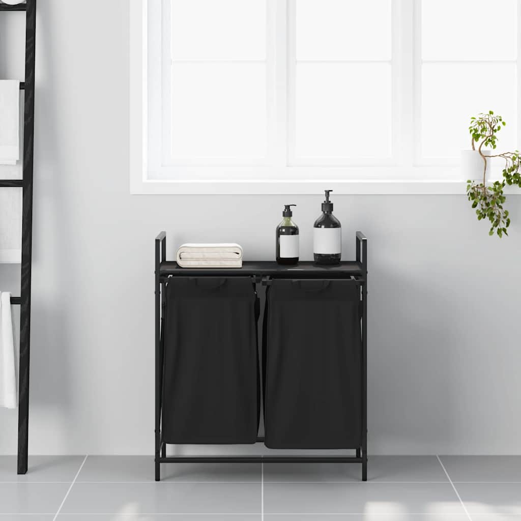 Wäschekorb 2 Fächer mit Ablage Schwarz Eichen-Optik