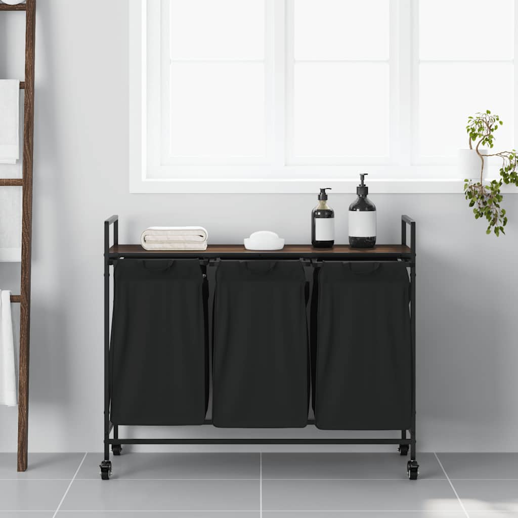 Wäschekorb 3 Fächer mit Rollen Braune Eiche