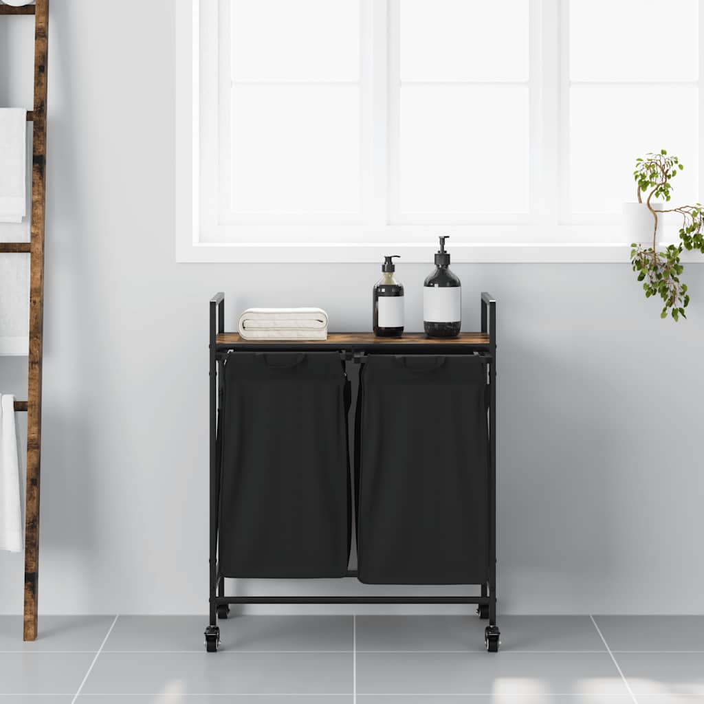 Wäschekorb 2 Fächer mit Rollen Räuchereiche