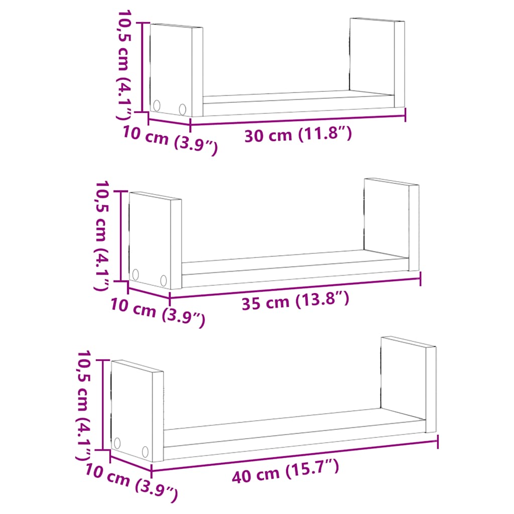 vidaXL Étagères murales 3 pcs Noir aspect chêne Aggloméré