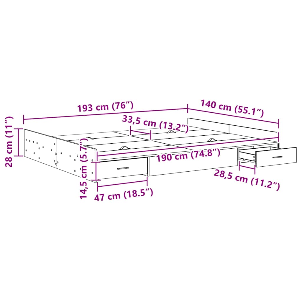 Aufbewahrungsbettgestell Graues Sonoma 140 x 190 cm