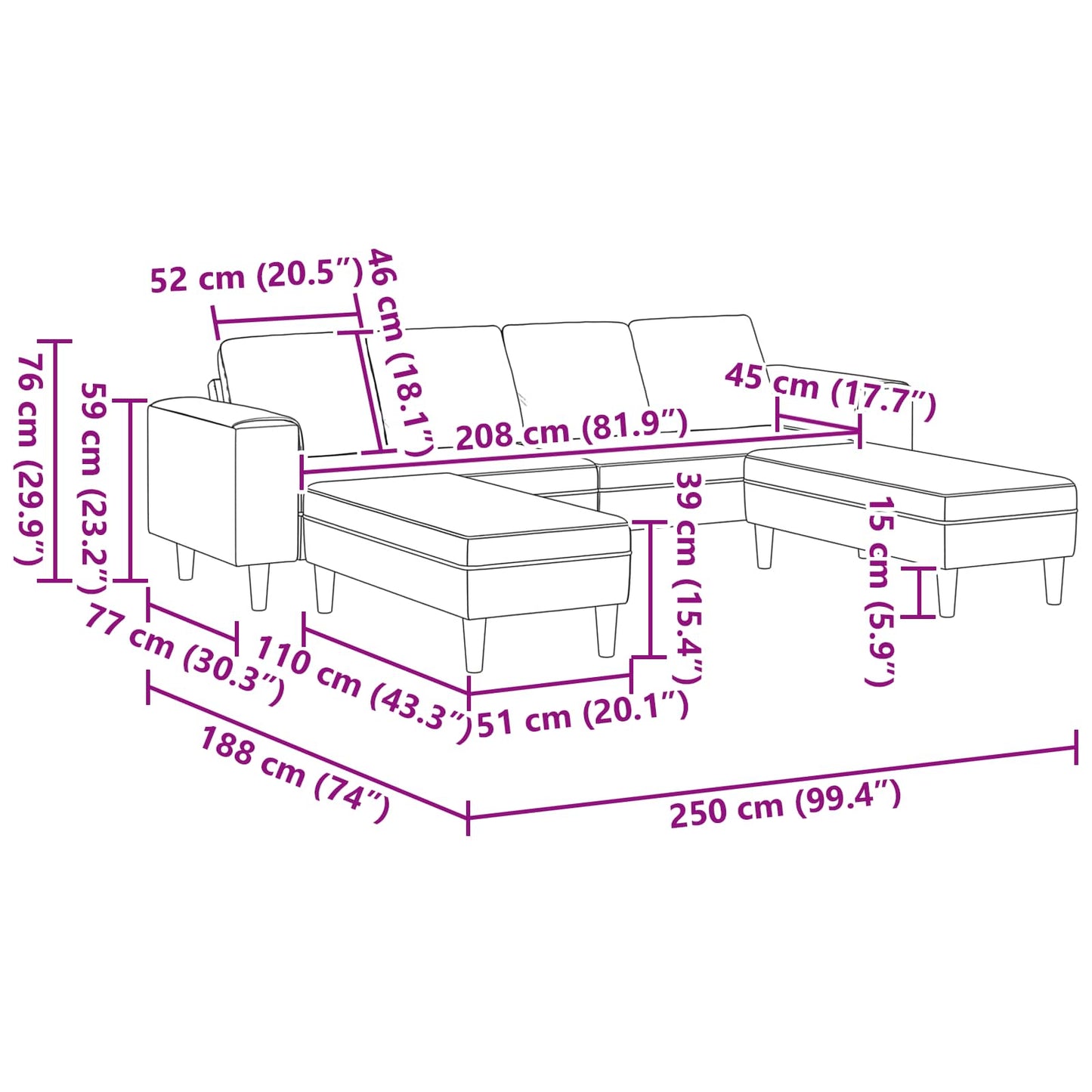 Sofa mit Kissen Helles Gelb 250 x 188 x 76 cm Cordstoff