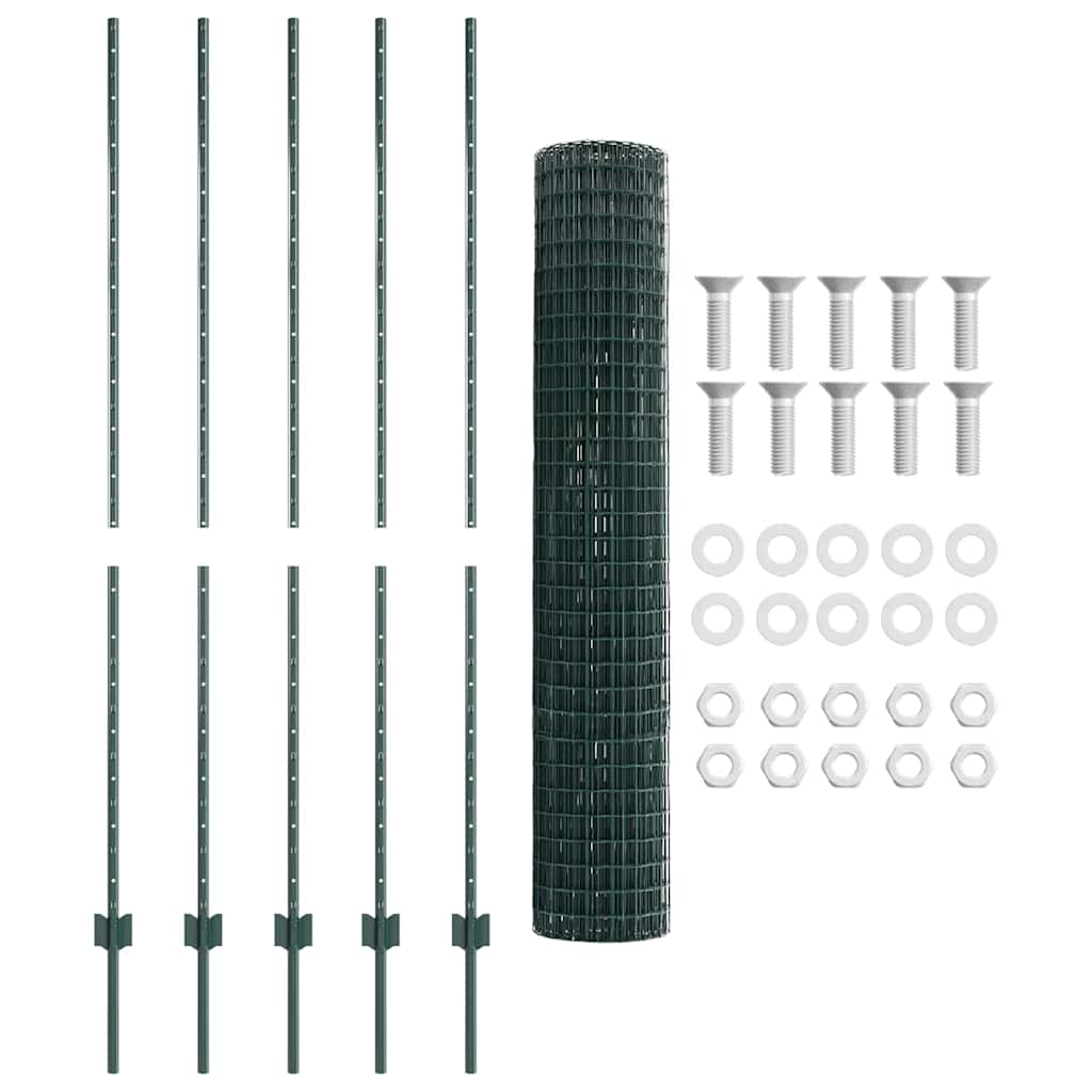 vidaXL Zaun mit Pfosten Grün 1,5 x 10 m Stahl und PVC