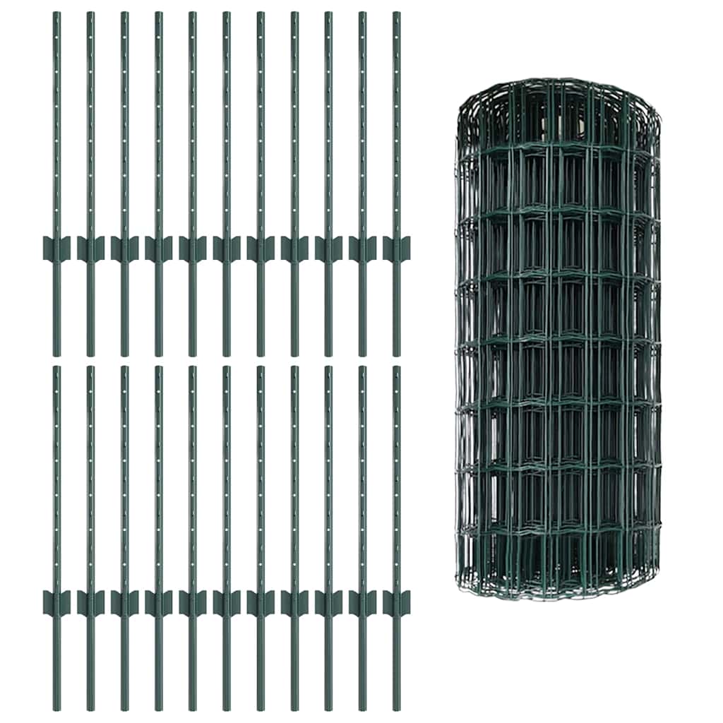 vidaXL Zaun mit Pfosten Grün 0,6 x 50 m Stahl und PVC