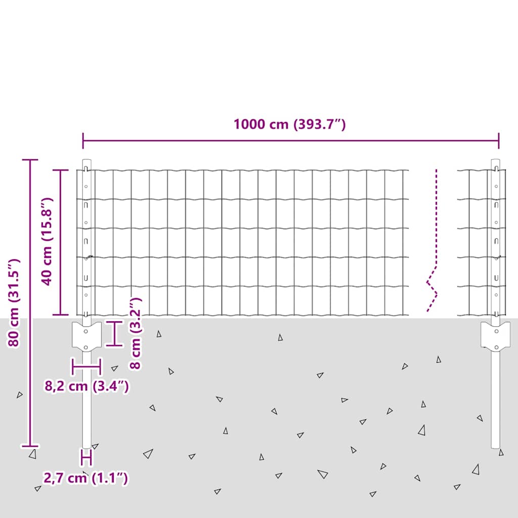 vidaXL Zaun mit Pfosten Grau 0,4 x 10 m Stahl und PVC