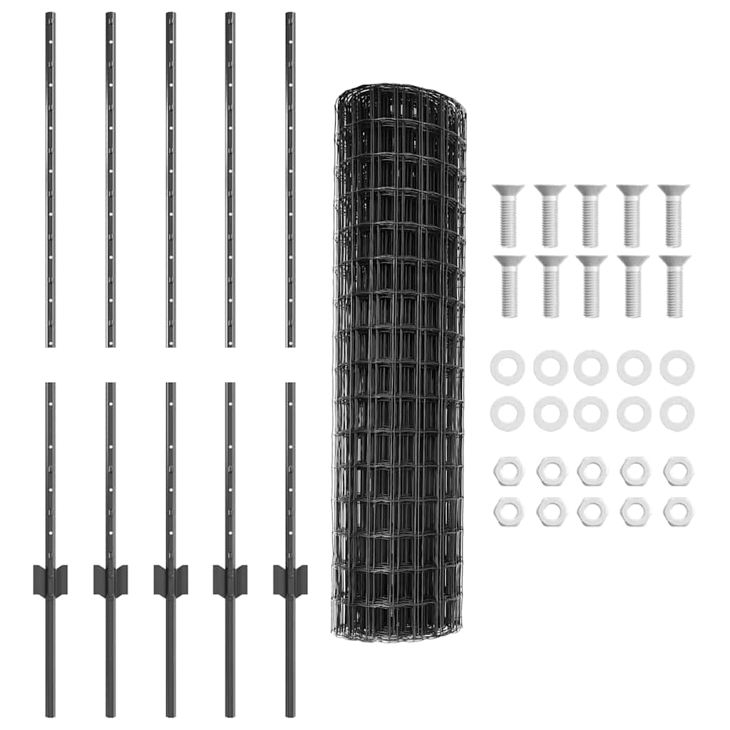 vidaXL Zaun mit Pfosten Grau 1 x 10 m Stahl und PVC