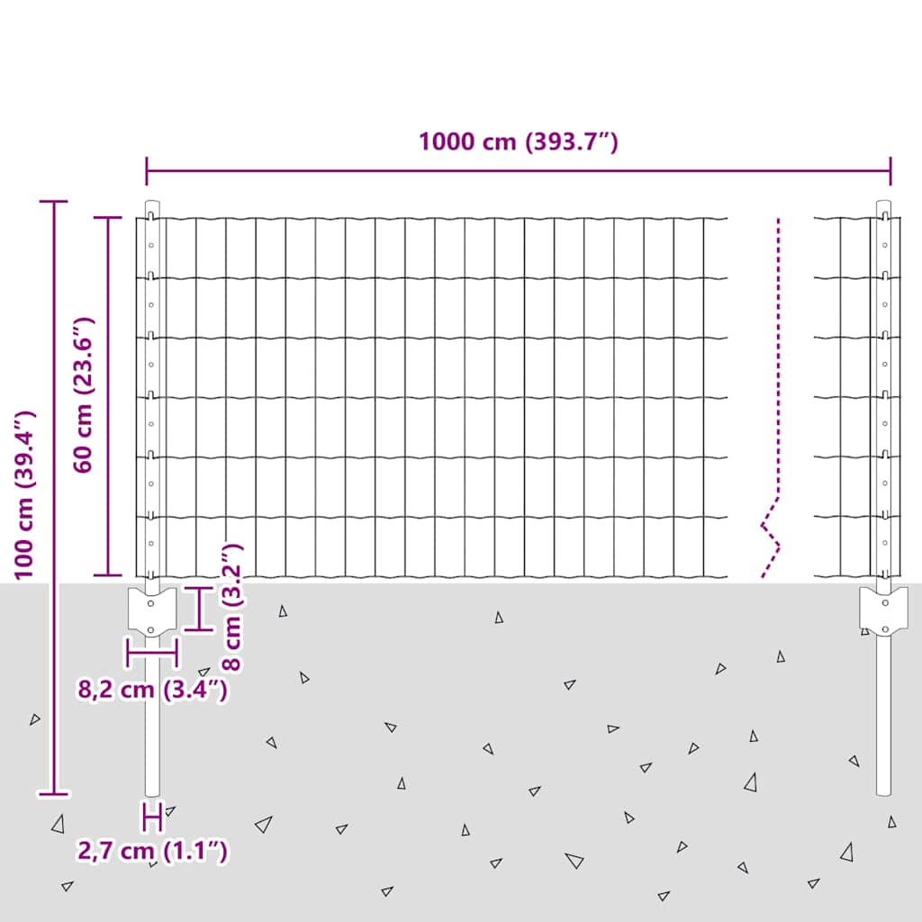 vidaXL Zaun mit Pfosten Grau 0,6 x 10 m Stahl und PVC