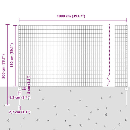 vidaXL Zaun mit Pfosten Grau 1,5 x 10 m Stahl und PVC