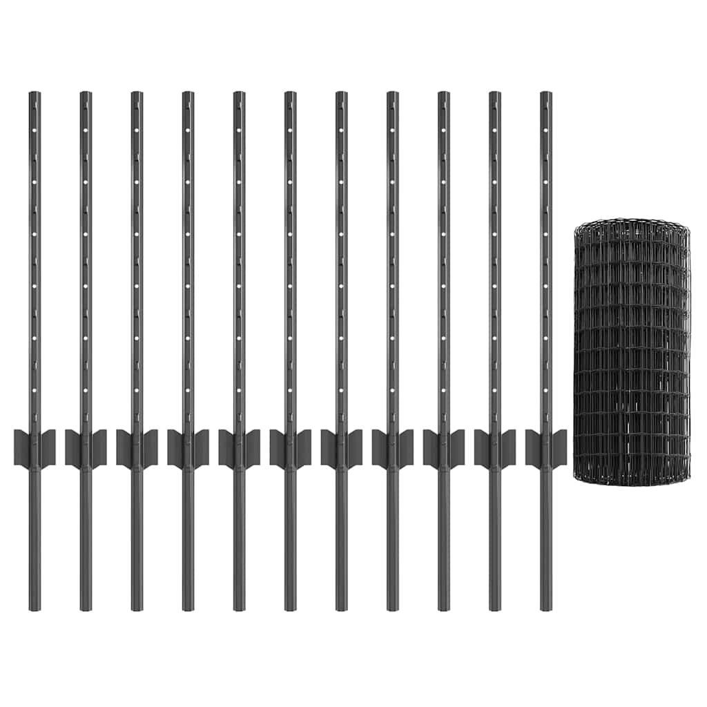 vidaXL Zaun mit Pfosten Grau 0,6 x 25 m Stahl und PVC