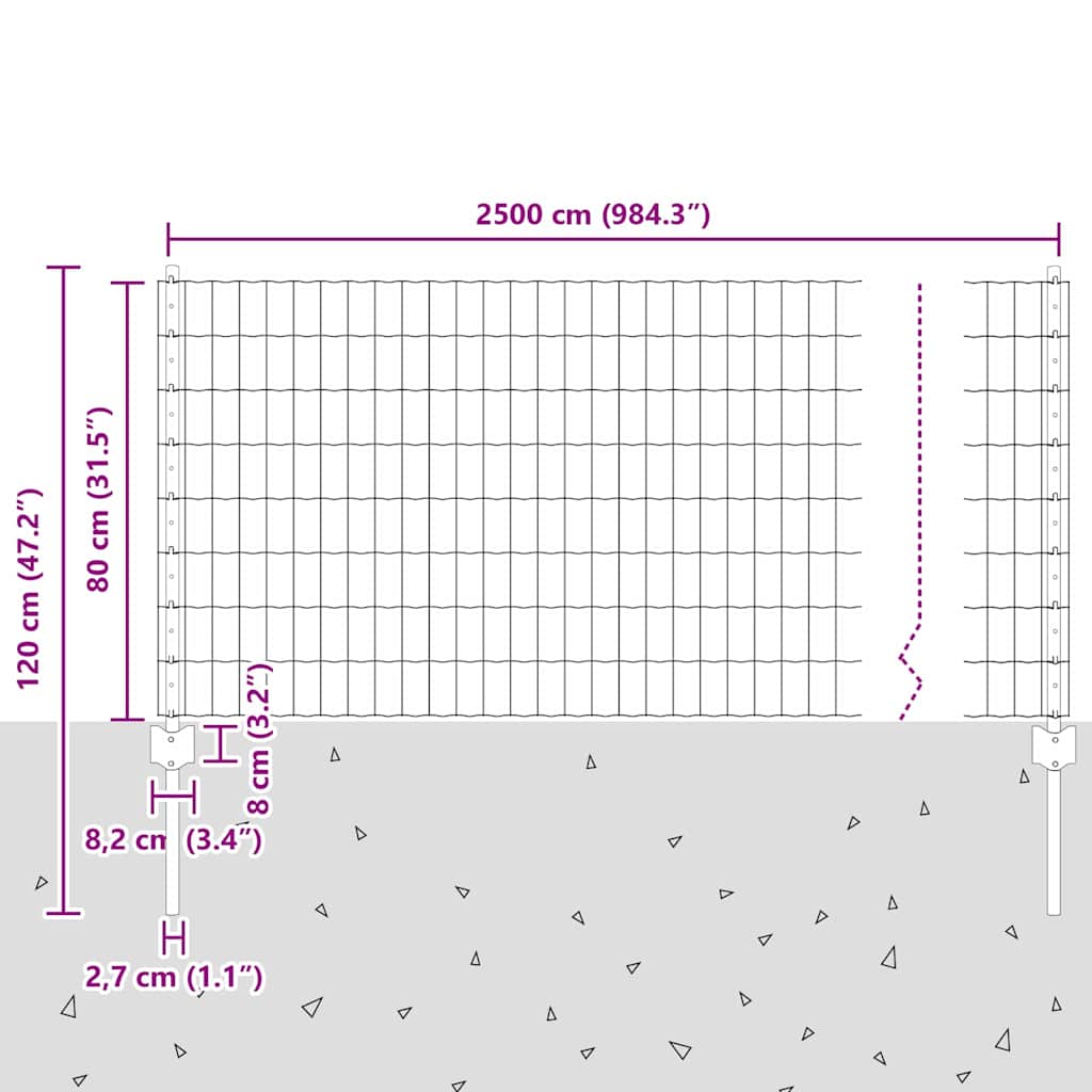 vidaXL Zaun mit Pfosten Grau 0,8 x 25 m Stahl und PVC