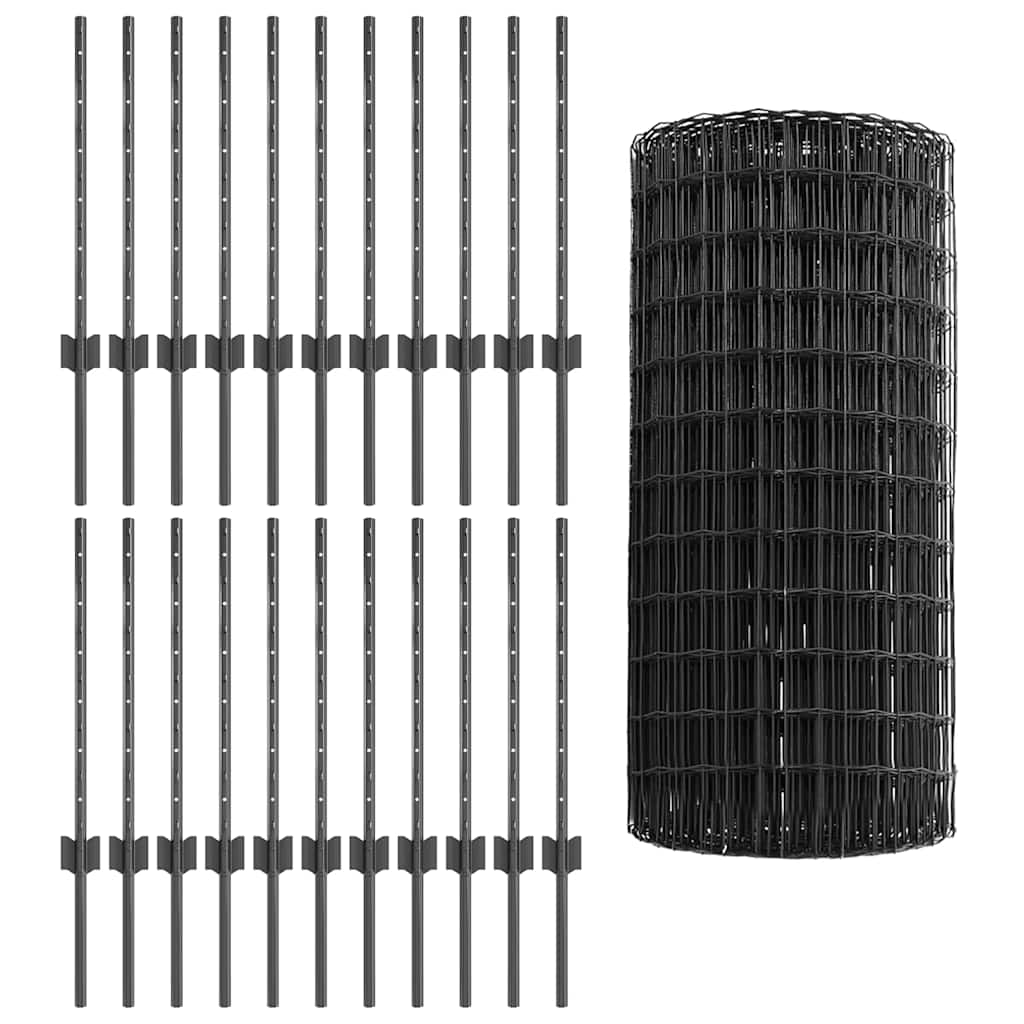vidaXL Zaun mit Pfosten Grau 0,6 x 50 m Stahl und PVC