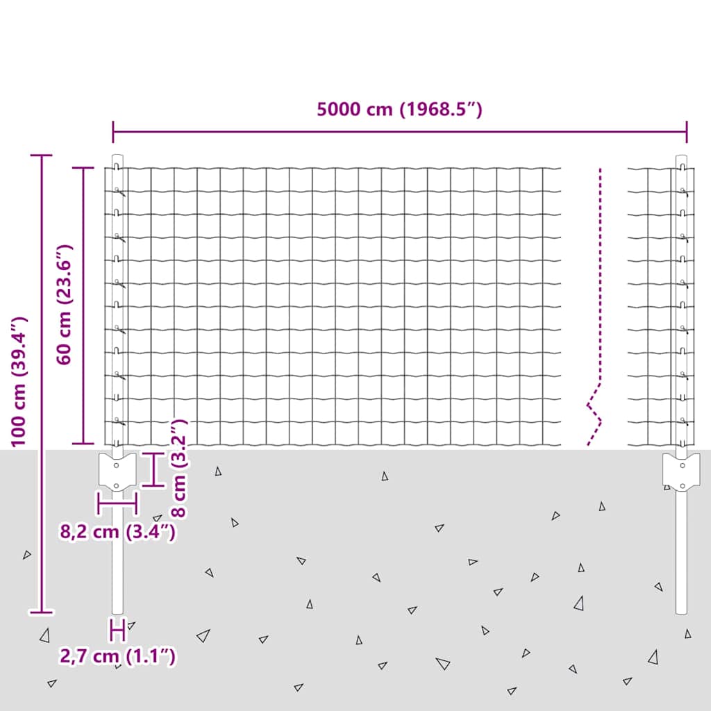 vidaXL Zaun mit Pfosten Grau 0,6 x 50 m Stahl und PVC
