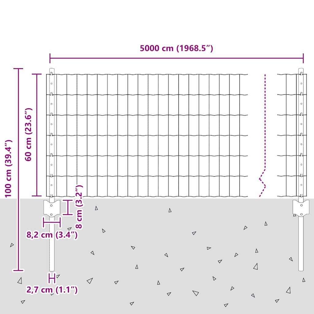 vidaXL Zaun mit Pfosten Grau 0,6 x 50 m Stahl und PVC