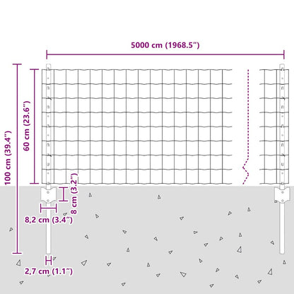 vidaXL Zaun mit Pfosten Grau 0,6 x 50 m Stahl und PVC