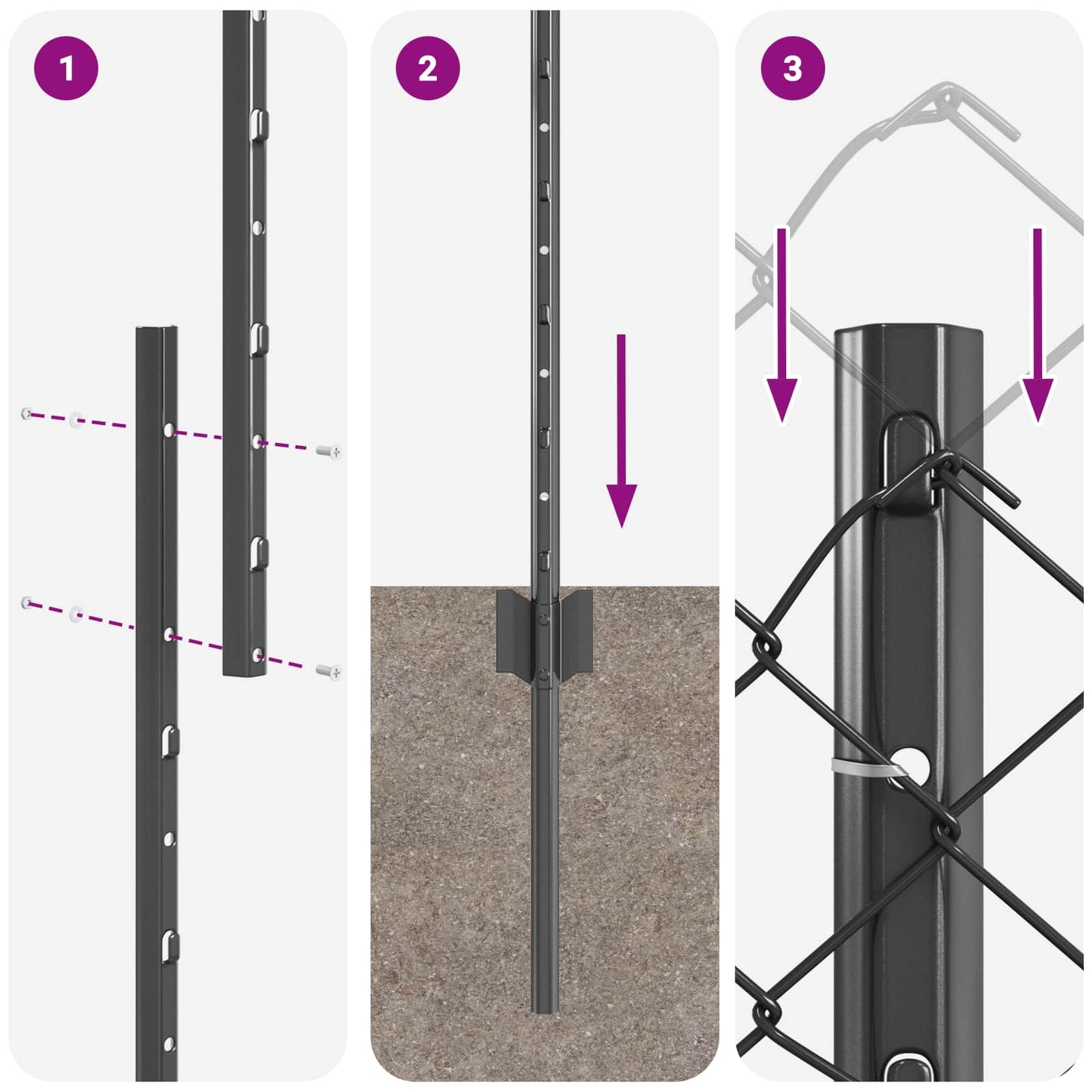 Zaun mit Pfosten Grau 1 x 25 m Stahl und PVC