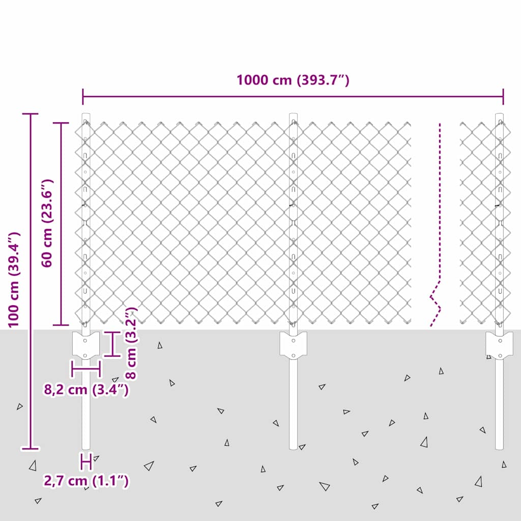vidaXL Zaun mit Pfosten Silber 0,6 x 10 m Stahl