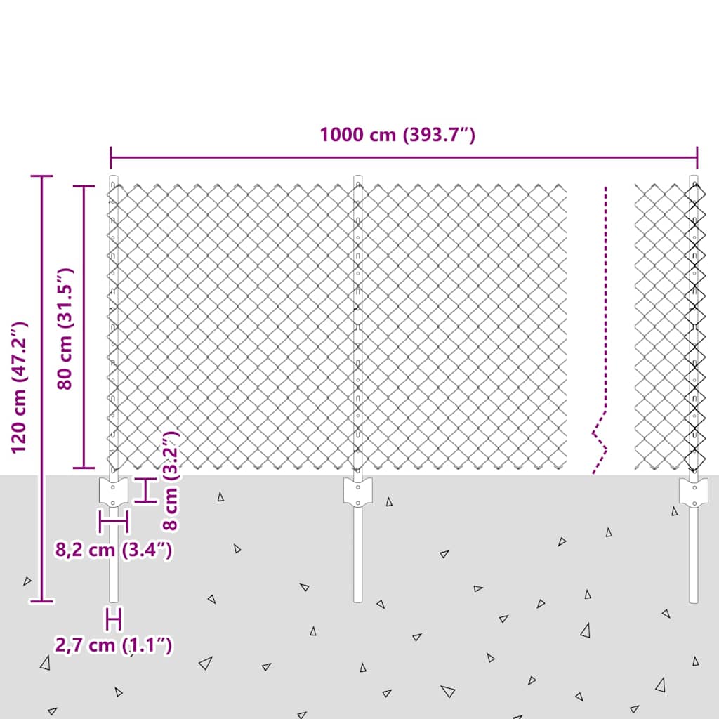 vidaXL Zaun mit Pfosten Silber 0,8 x 10 m Stahl