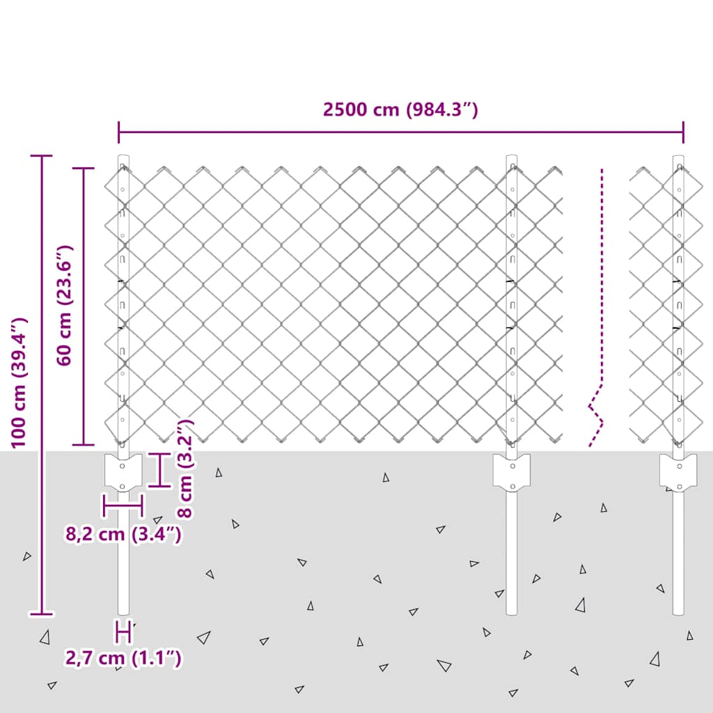 vidaXL Zaun mit Pfosten Silber 0,6 x 25 m Stahl