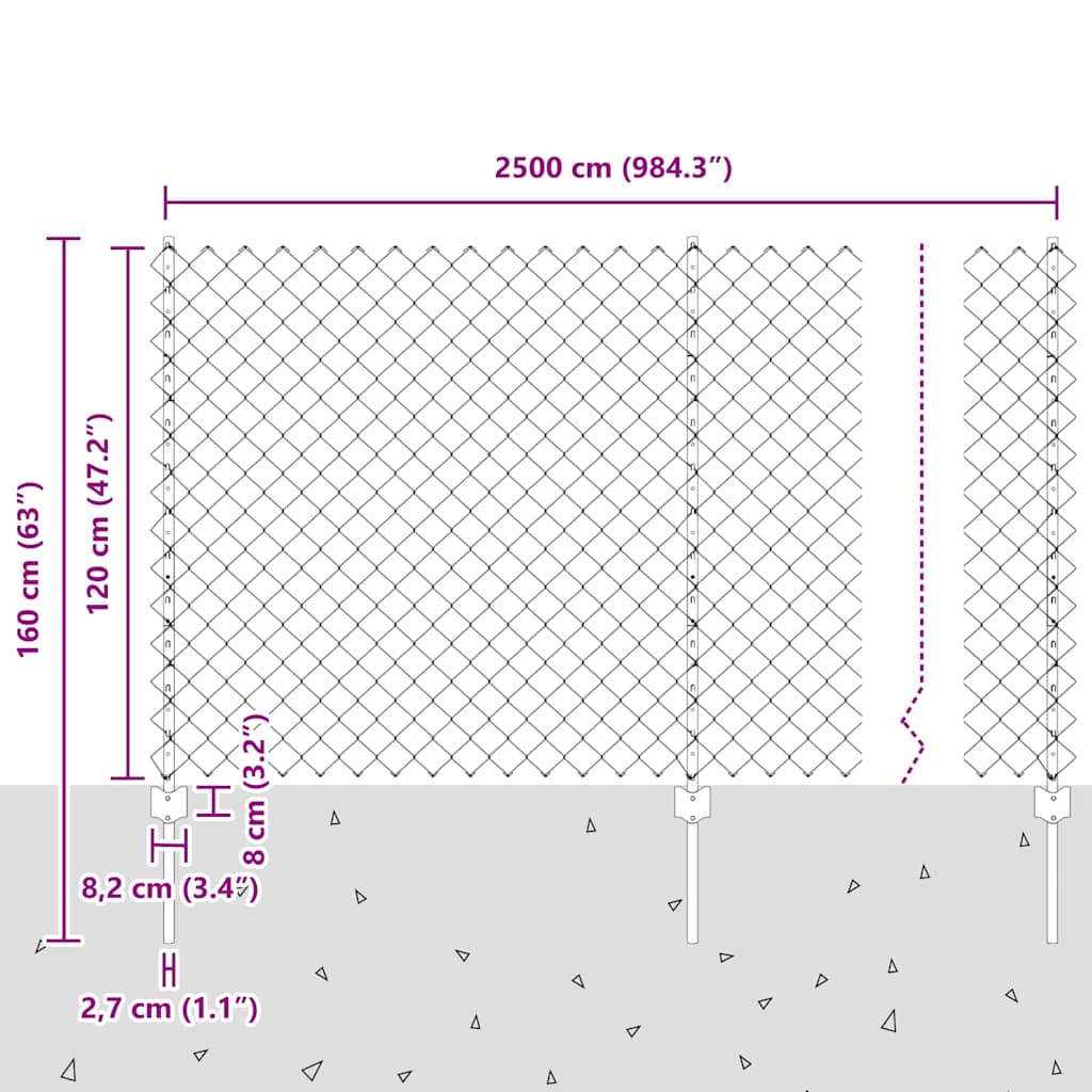 vidaXL Zaun mit Pfosten Silber 1,2 x 25 m Stahl
