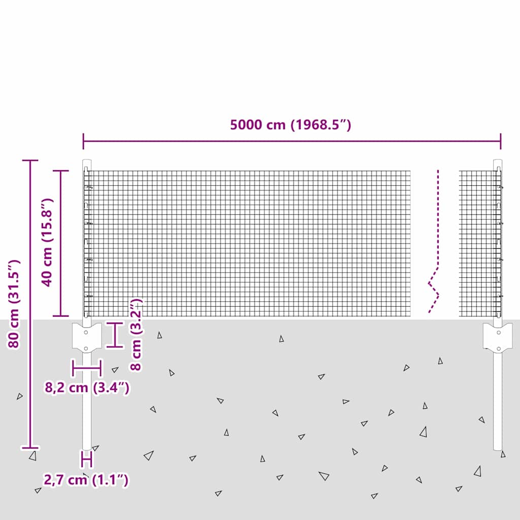 vidaXL Zaun mit Pfosten Silber 0,4 x 50 m Stahl