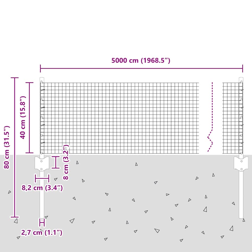 vidaXL Zaun mit Pfosten Silber 0,4 x 50 m Stahl