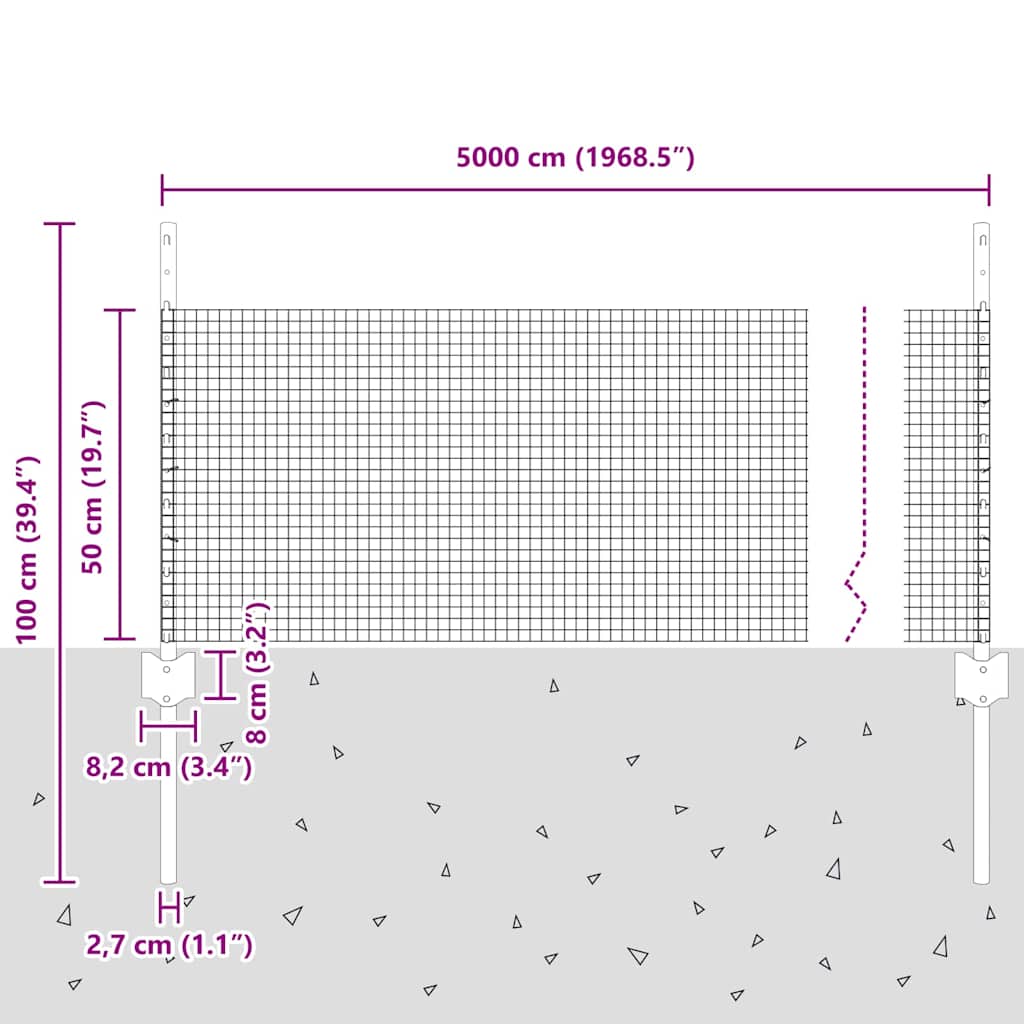 vidaXL Zaun mit Pfosten Silber 0,5 x 50 m Stahl