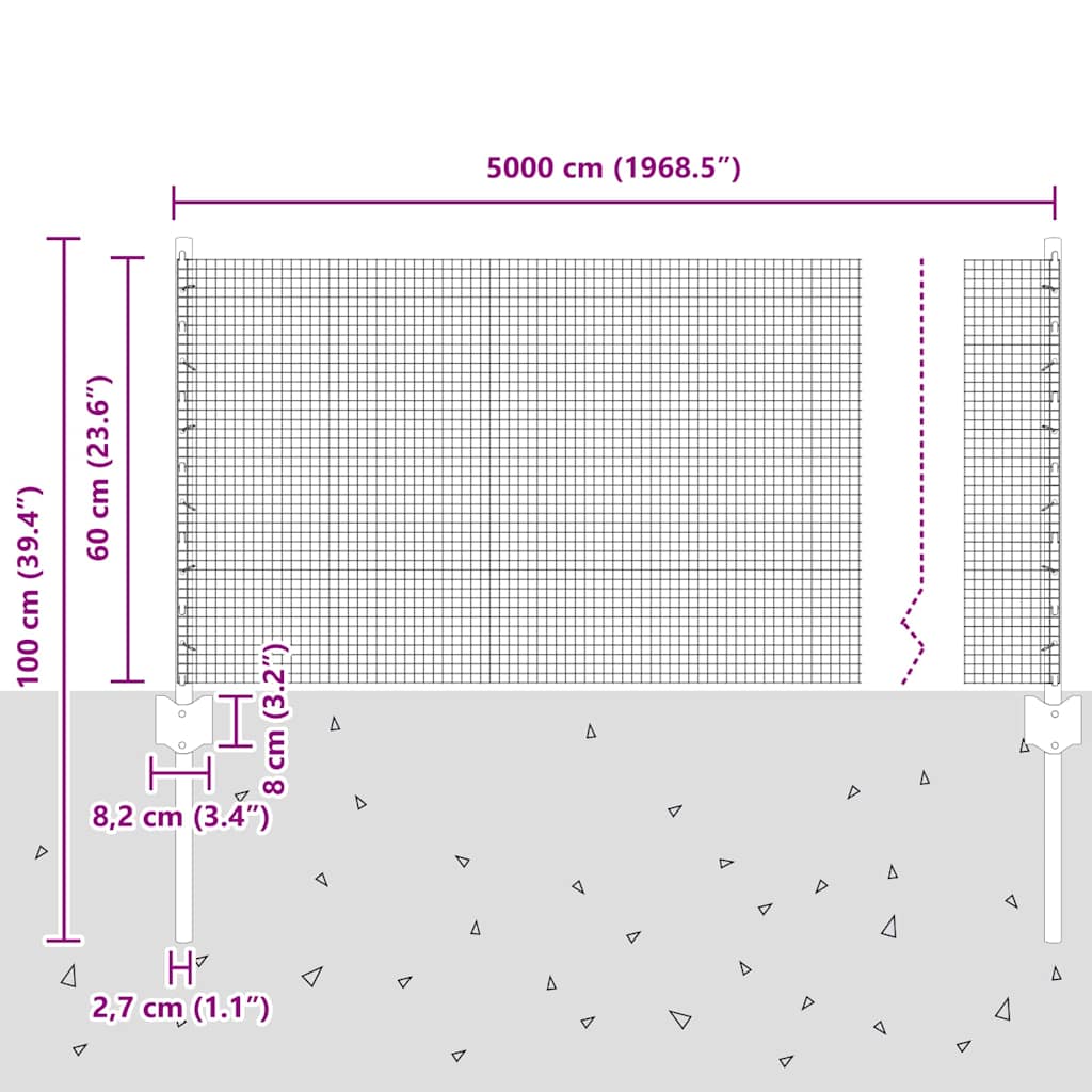 vidaXL Zaun mit Pfosten Silber 0,6 x 50 m Stahl