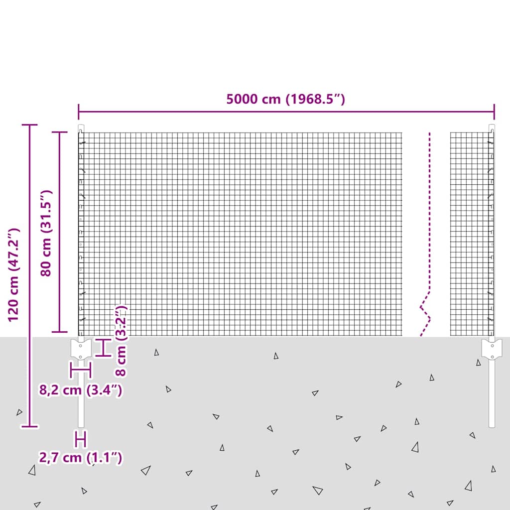 Zaun mit Pfosten Silber 0,8 x 50 m Stahl