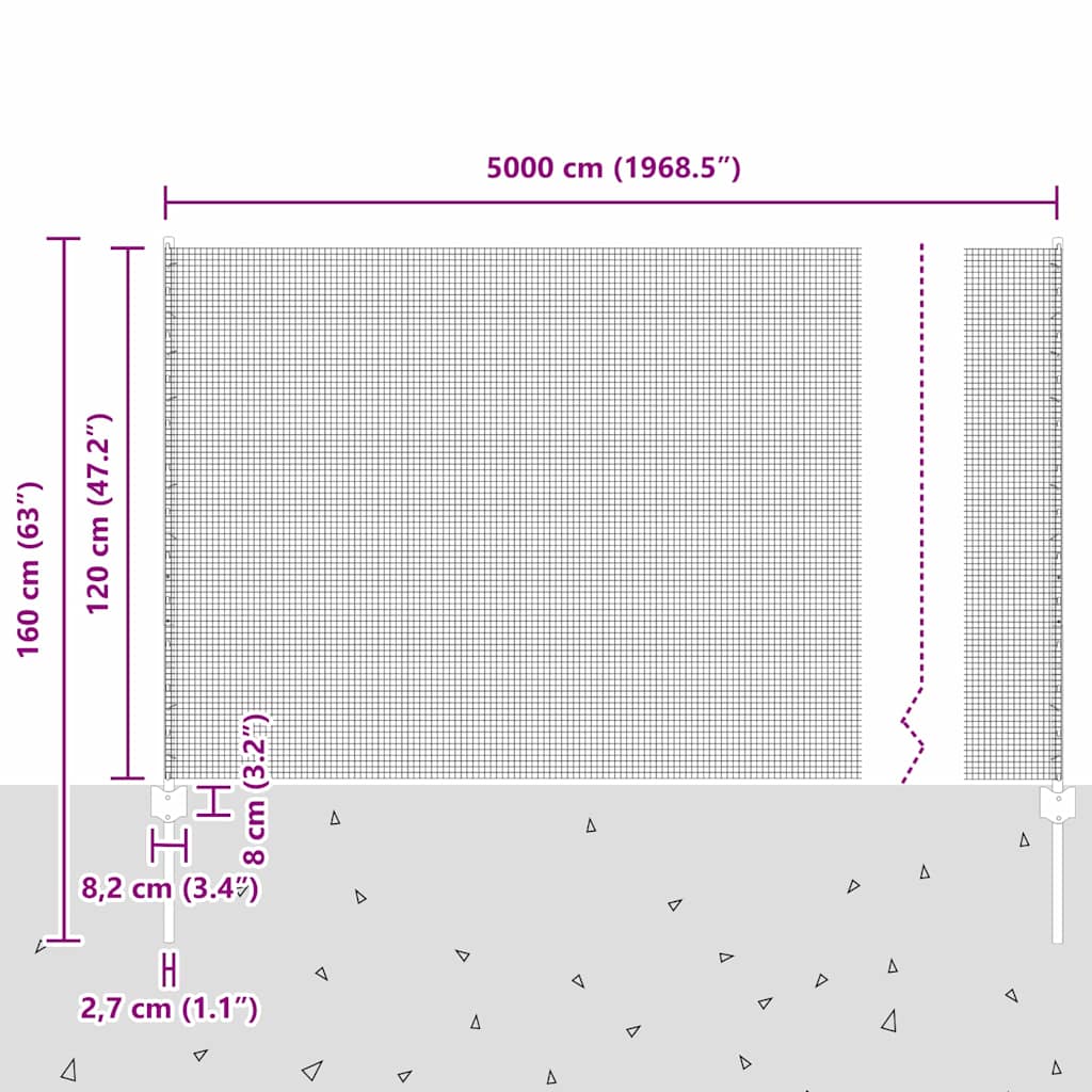 vidaXL Zaun mit Pfosten Silber 1,2 x 50 m Stahl