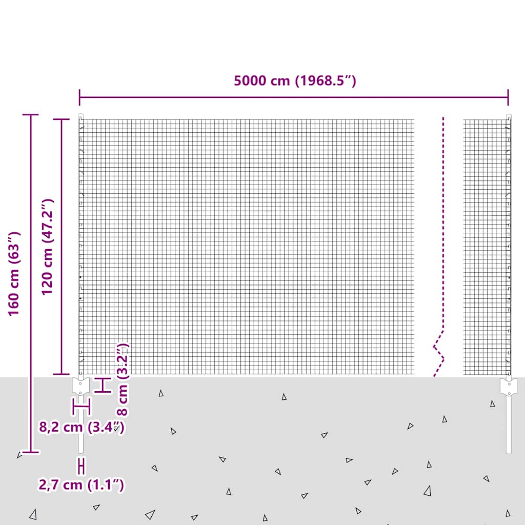 vidaXL Zaun mit Pfosten Silber 1,2 x 50 m Stahl