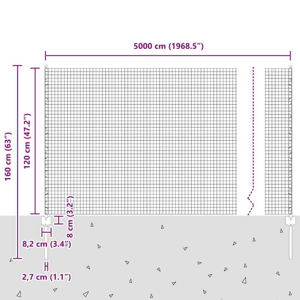 vidaXL Zaun mit Pfosten Silber 1,2 x 50 m Stahl