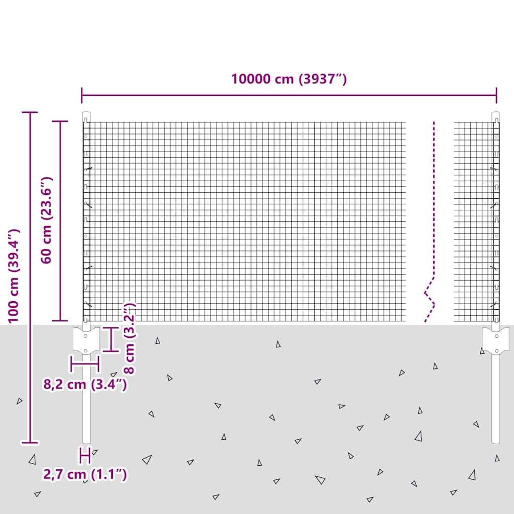 vidaXL Zaun mit Pfosten Silber 0,6 x 100 m Stahl