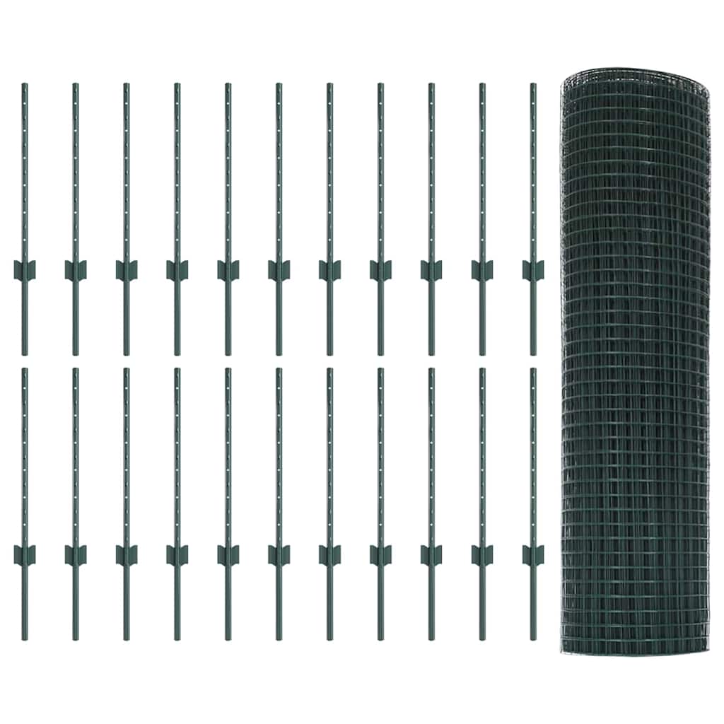 vidaXL Zaun mit Pfosten Grün 0,5 x 50 m Stahl und PVC