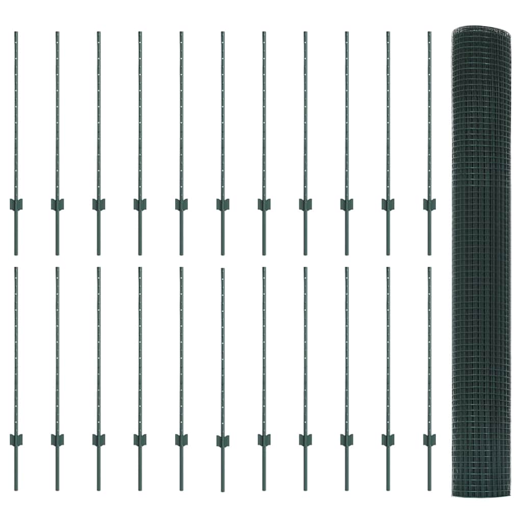 vidaXL Zaun mit Pfosten Grün 1 x 50 m Stahl und PVC