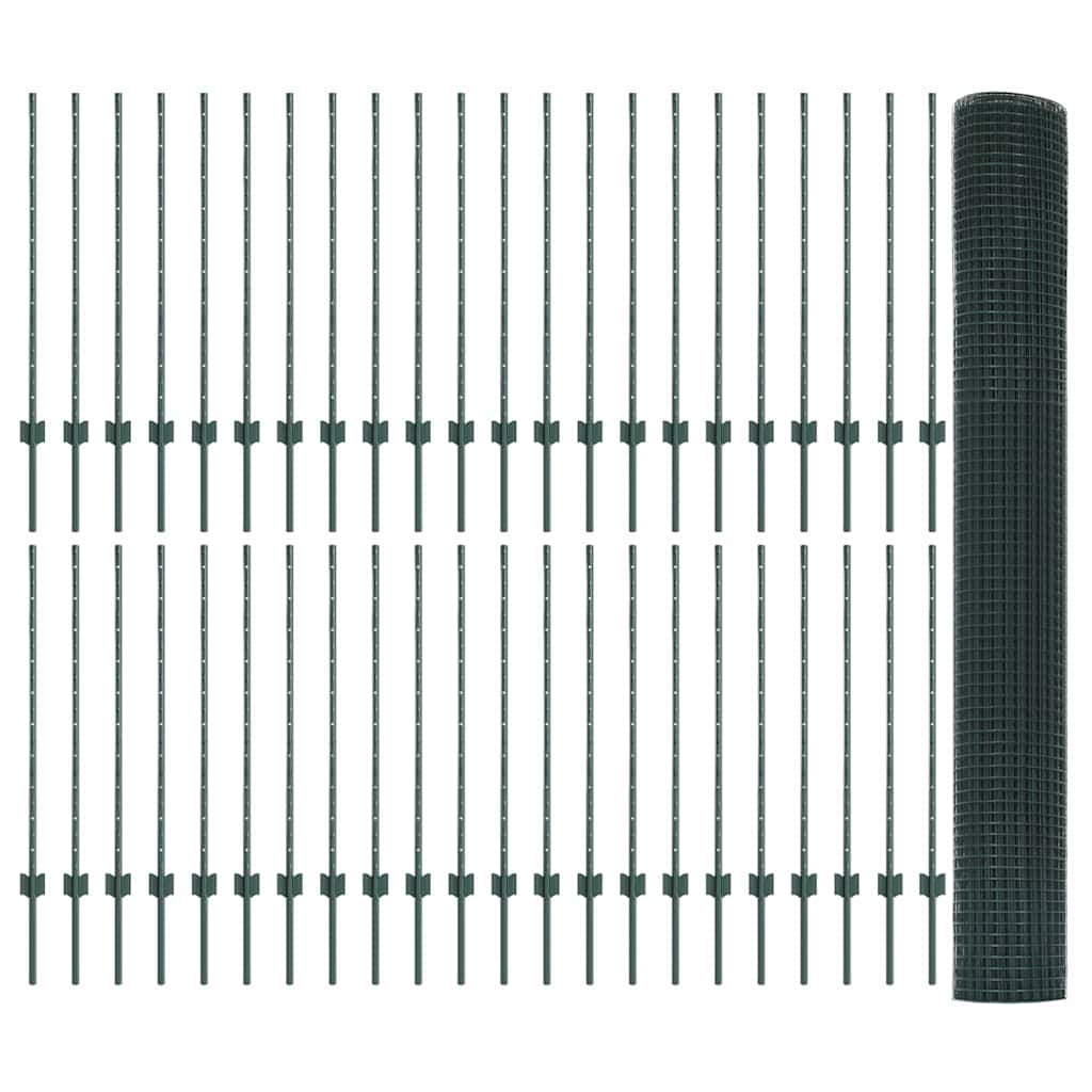 Zaun mit Pfosten Grün 1 x 100 m Stahl und PVC