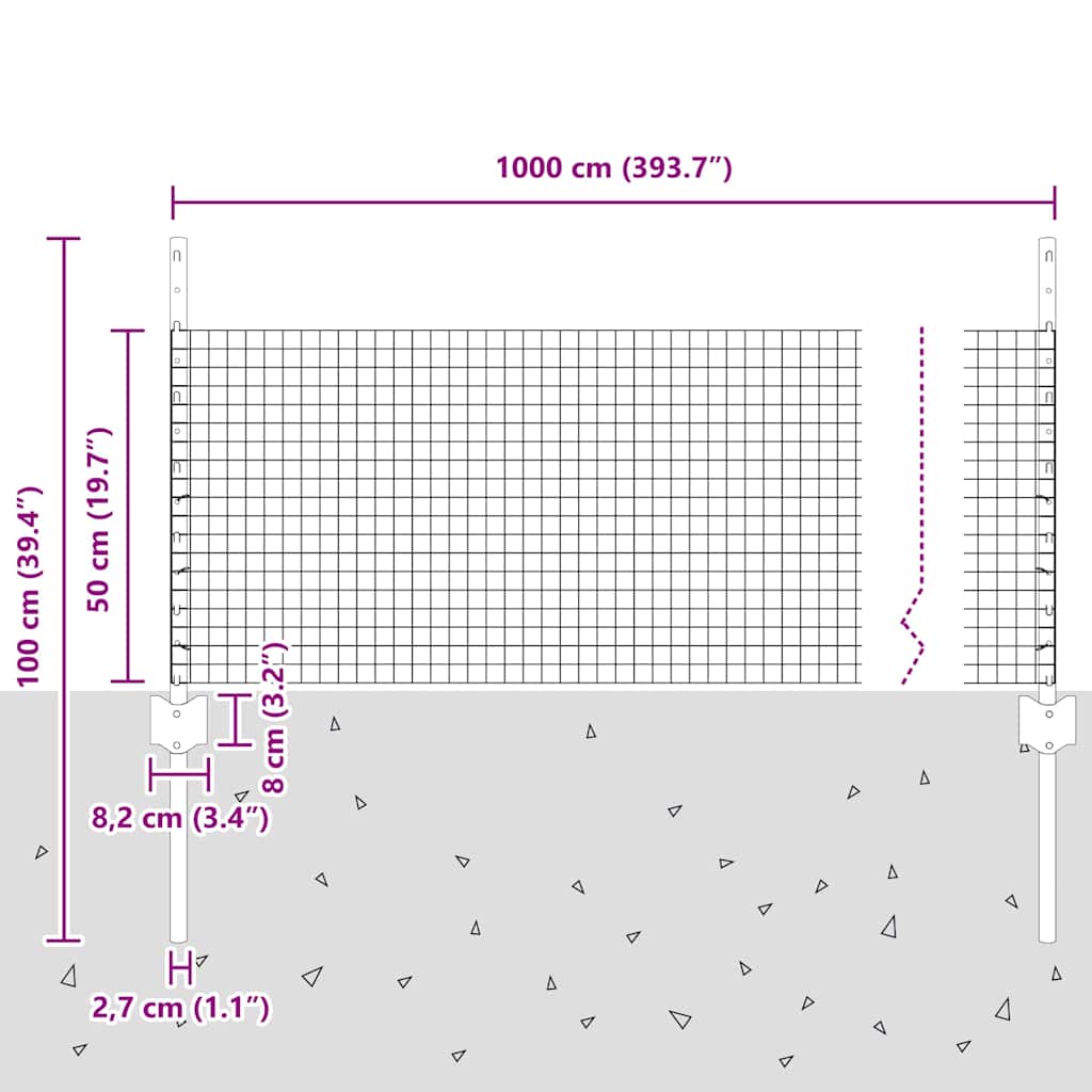 vidaXL Zaun mit Pfosten Grau 0,5 x 10 m Stahl