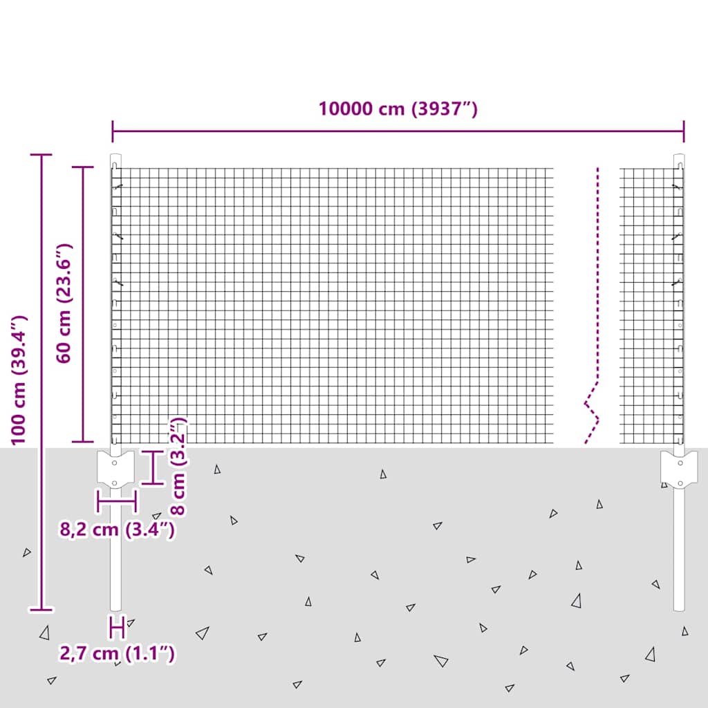 vidaXL Zaun mit Pfosten Grau 0,6 x 10 m Stahl und PVC
