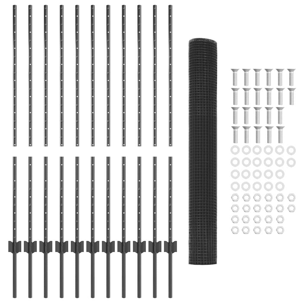 Zaun mit Pfosten Grau 1,2 x 25 m Stahl und PVC