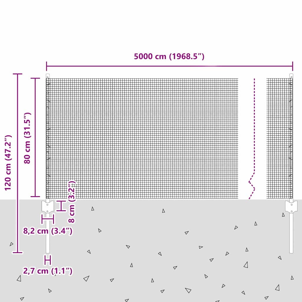 vidaXL Zaun mit Pfosten Grau 0,8 x 50 m Stahl und PVC