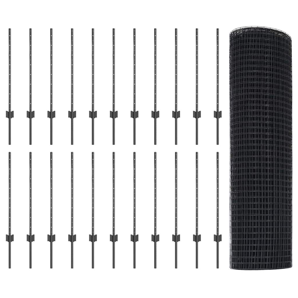 vidaXL Zaun mit Pfosten Grau 0,8 x 50 m Stahl und PVC