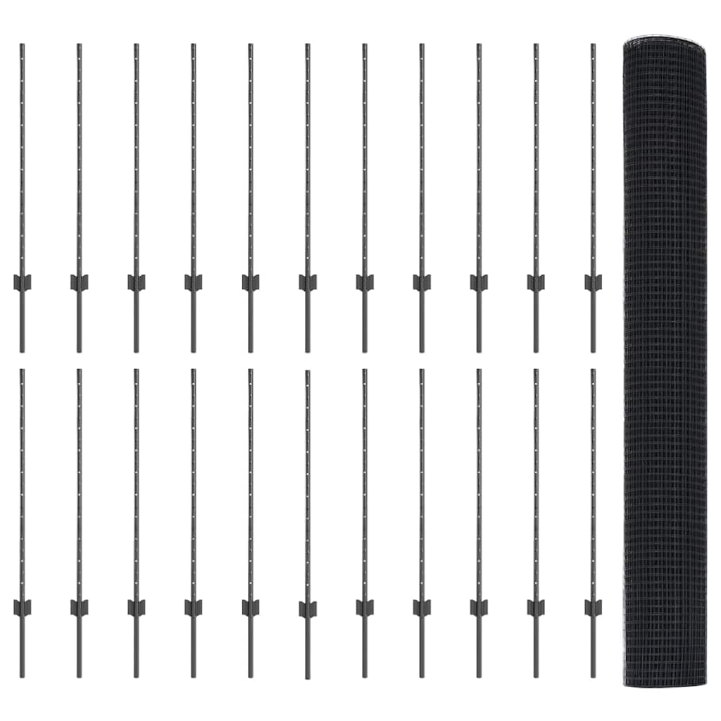 Zaun mit Pfosten Grau 1 x 50 m Stahl und PVC