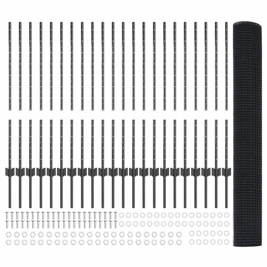 Zaun mit Pfosten Grau 1 x 50 m Stahl und PVC
