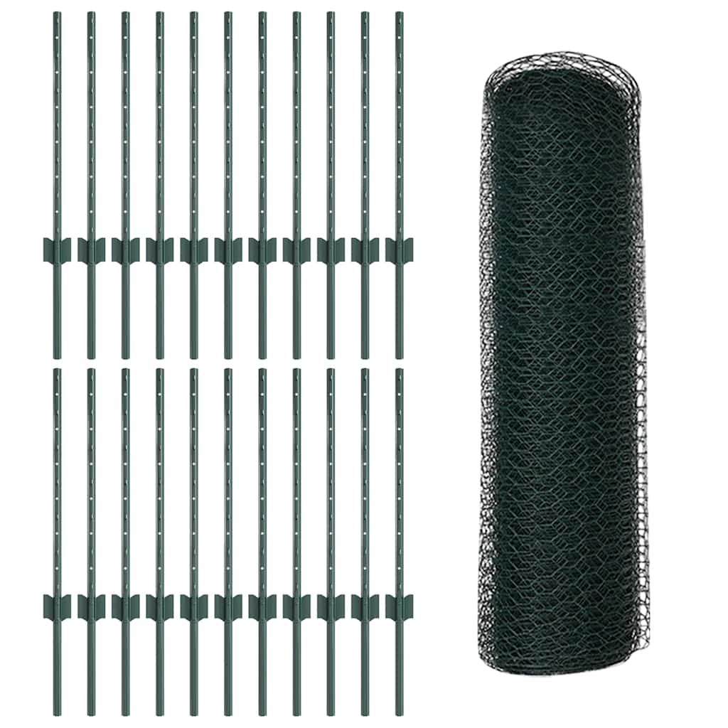 vidaXL Zaun mit Pfosten Grün 0,6 x 50 m Stahl und PVC