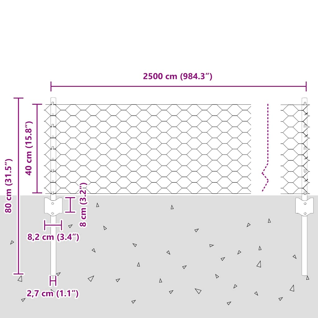 vidaXL Zaun mit Pfosten Grau 0,4 x 25 m Stahl
