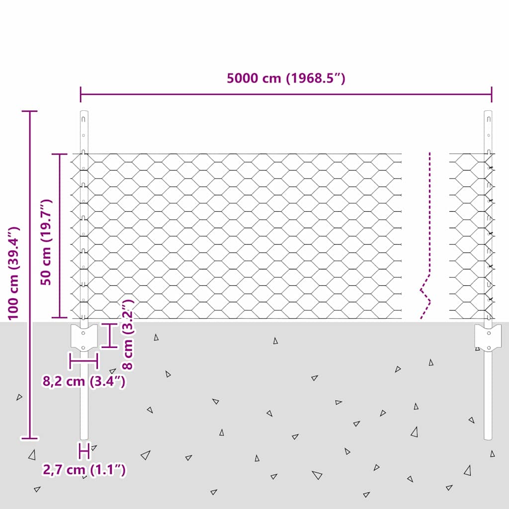 vidaXL Zaun mit Pfosten Grau 0,5 x 50 m Stahl und PVC