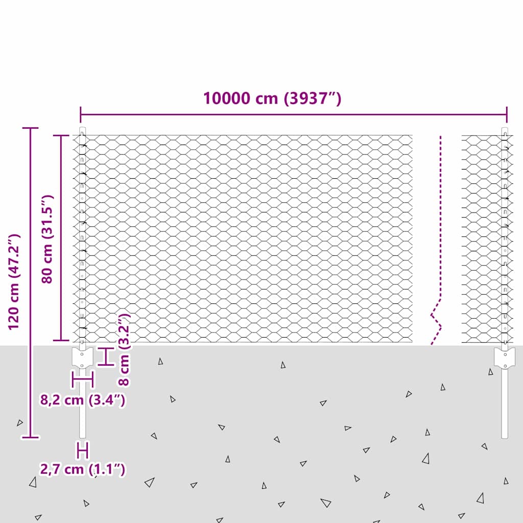 vidaXL Zaun mit Pfosten Grau 0,8 x 100 m Stahl und PVC